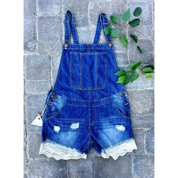 NWT denim distressed overall shorts size M - Picture 2 of 4